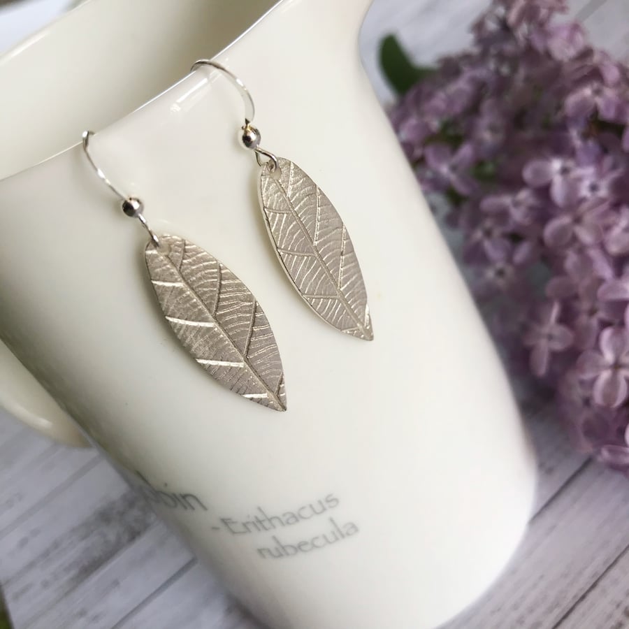 Fine silver long leaf earrings 