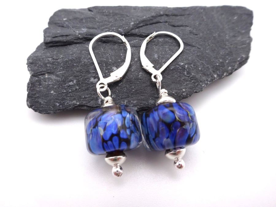 lampwork glass blue earrings, sterling silver jewellery