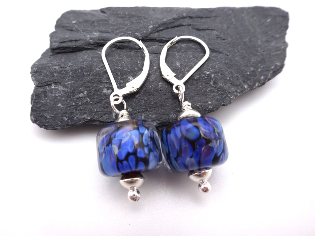 lampwork glass blue earrings, sterling silver jewellery