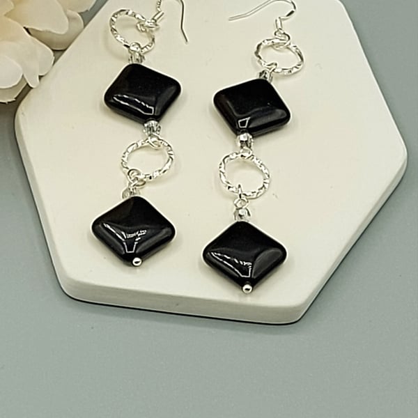 Natural Black Onyx Silver Drop, Dangle Earrings