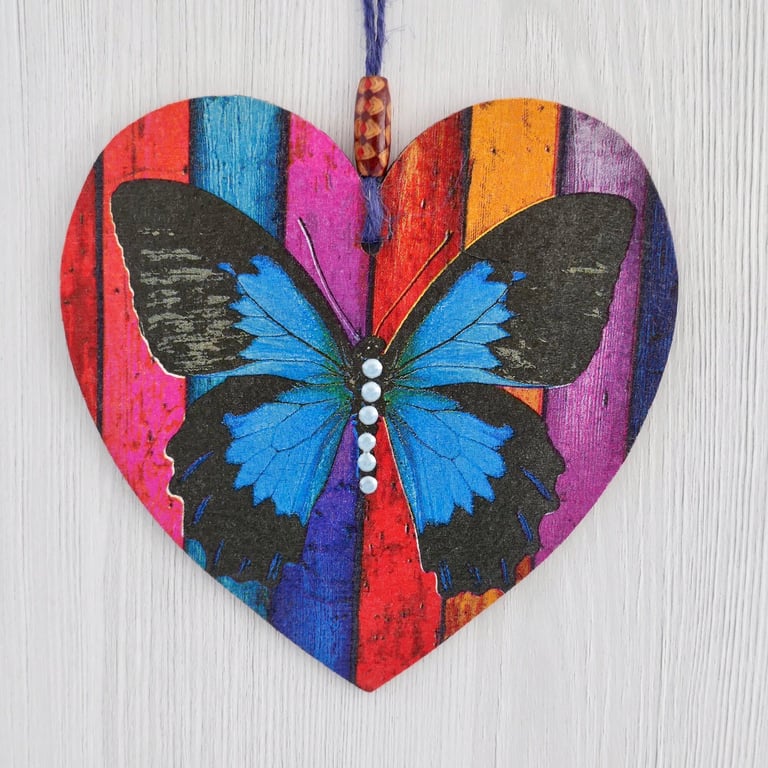 Decoupaged Wooden Hanging Heart: Blue Butterfly design 6” (15cm)