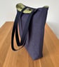 Long handle tote bag, shopping bag, medium weight denim lined with green print - Image 4