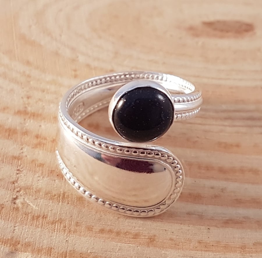 Sterling silver Upcycled Bead Spoon Handle Ring with Blue Goldstone Cabochon