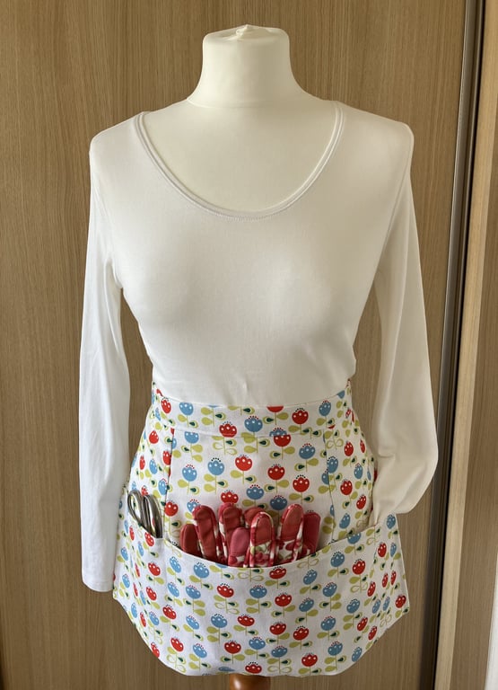 Flower Gardening Apron, Red & Blue Flowers, Handmade in the UK