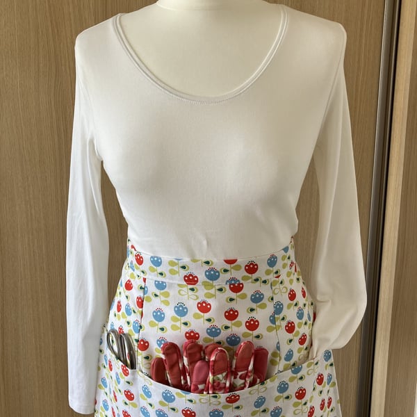 Flower Gardening Apron, Red & Blue Flowers, Handmade in the UK