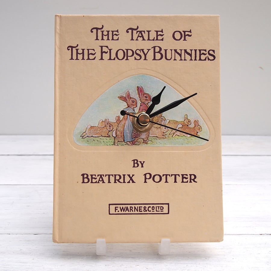 The Flopsy Bunnies cream book clock made from the Beatrix Potter tale