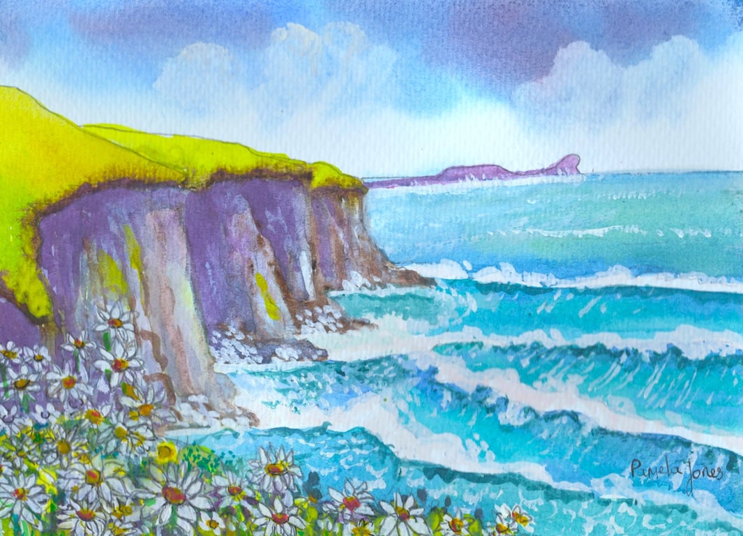 Daisies, Rhossili Bay, Original Watercolour, Gower, Wales, in 14 x 11 '' Mount.
