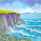 Daisies, Rhossili Bay, Original Watercolour, Gower, Wales, in 14 x 11 '' Mount.