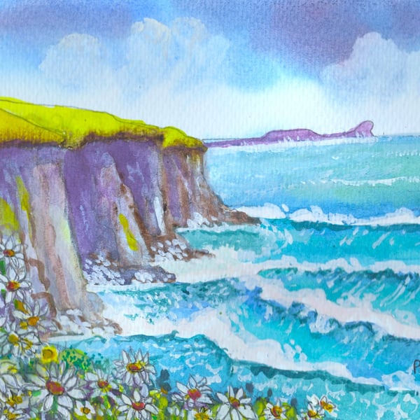 Daisies, Rhossili Bay, Original Watercolour, Gower, Wales, in 14 x 11 '' Mount.