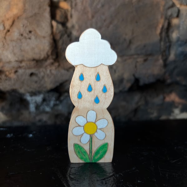 Handmade Rain Cloud & Daisy Ornament - Wooden Weather Shelf Sitter - Maple 