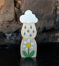 Handmade Rain Cloud & Daisy Ornament - Wooden Weather Shelf Sitter - Maple 