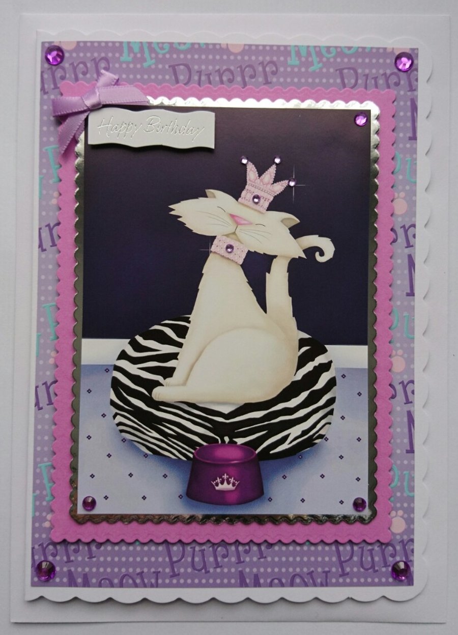 Happy Birthday Card Queen Princess Cat Crown Necklace 3D Luxury Handmade Card 