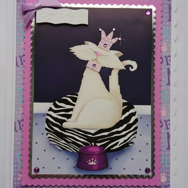 Happy Birthday Card Queen Princess Cat Crown Necklace 3D Luxury Handmade Card 