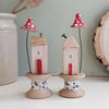 Little House on a Vintage Wood Bobbin with Clay Toadstool