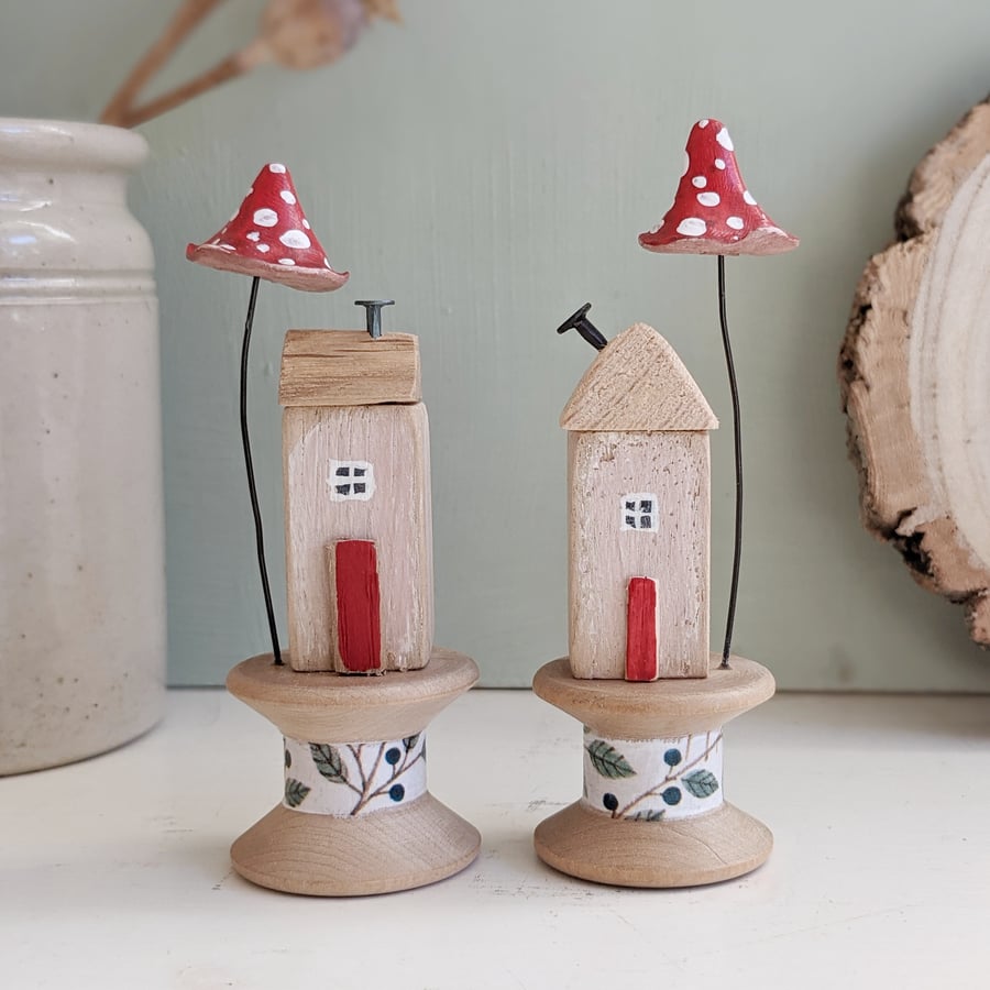 Little House on a Vintage Wood Bobbin with Clay Toadstool