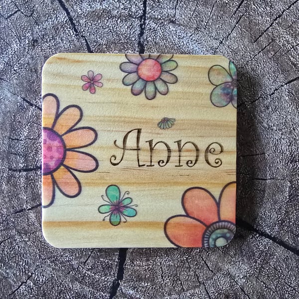 Personalised colourful flower design coaster or fridge magnet