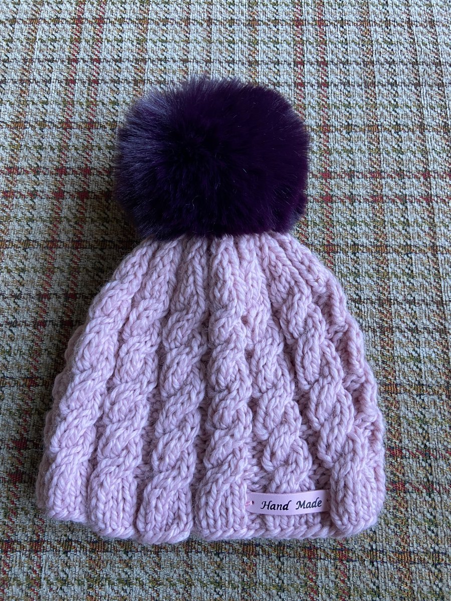 Hand Knitted Children's Hat - Pink with Purple Pom Pom