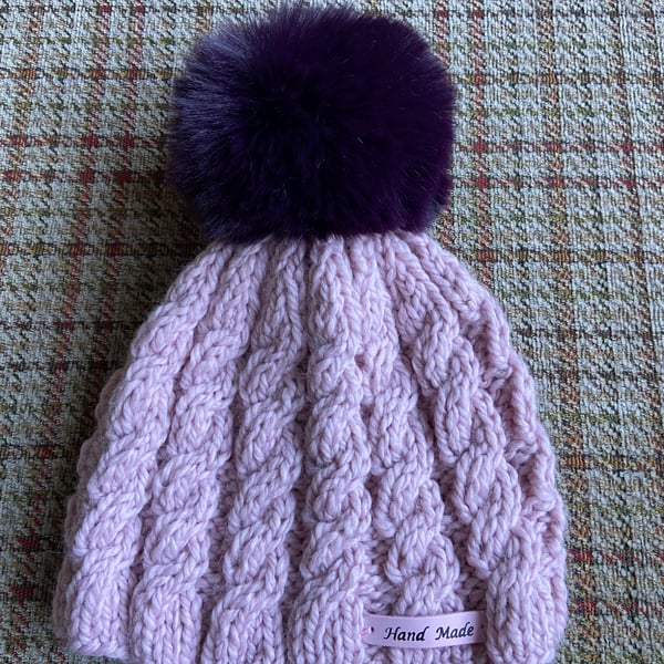 Hand Knitted Children's Hat - Pink with Purple Pom Pom