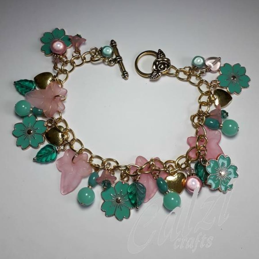 Jade Green & Pink Flower Charm Bracelet