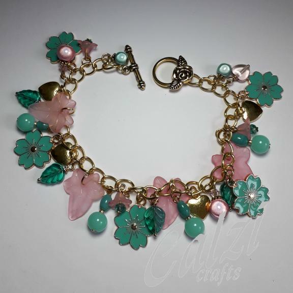 Jade Green & Pink Flower Charm Bracelet