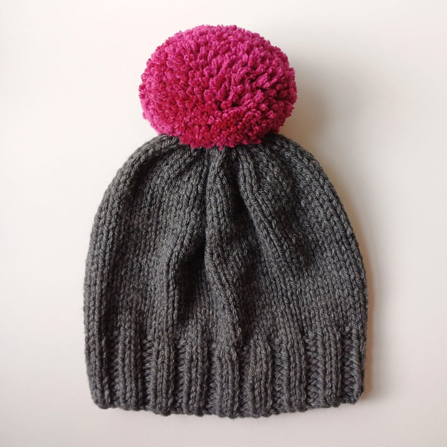 Grey and pink bobble hat new arrivals
