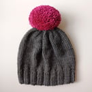 Bobble Hat in Grey Chunky Yarn with Pink Pom Pom