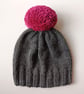 Bobble Hat in Grey Chunky Yarn with Pink Pom Pom - Image 1