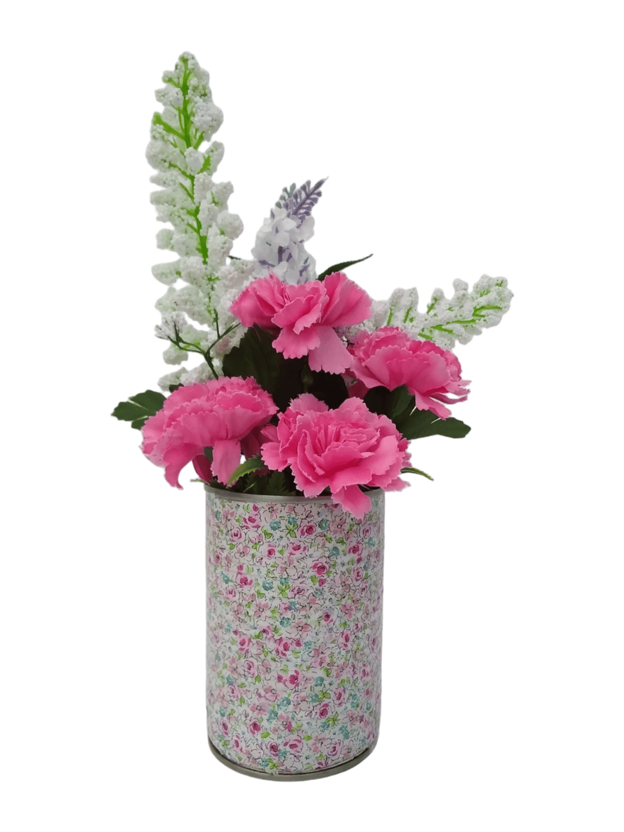 Upcycled Tin Can Floral Arrangement – Pink Carnations, Lavender & Foxglove