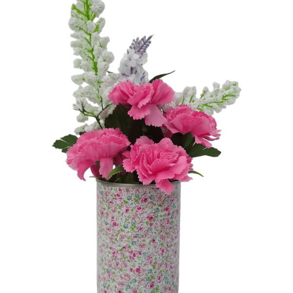 Upcycled Tin Can Floral Arrangement – Pink Carnations, Lavender & Foxglove