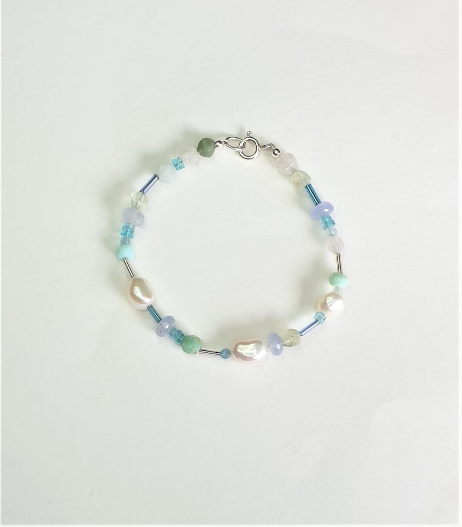 Blue Tone Mixed Gemstone and Freshwater Pearl Bracelet with Sterling Silver 