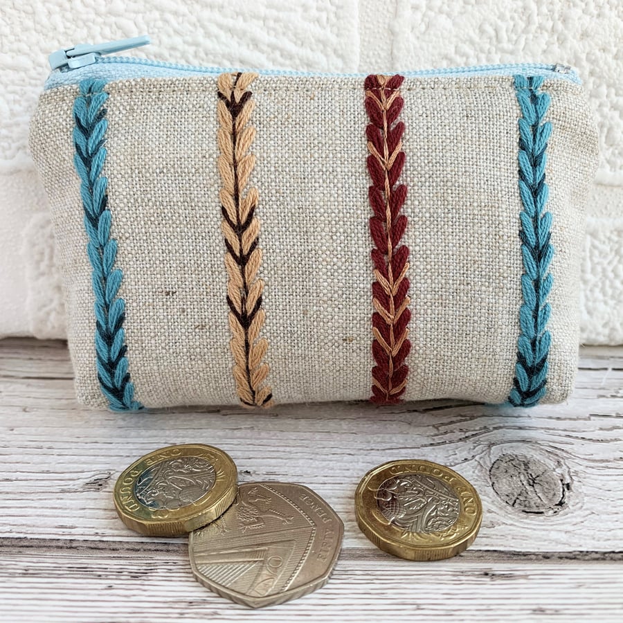 Small purse, coin purse in embroidered striped fabric