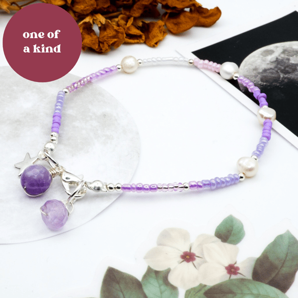 Pearl Bracelet - Freshwater Baroque Pearl Purple Amethyst Beaded Charm Bracelet 