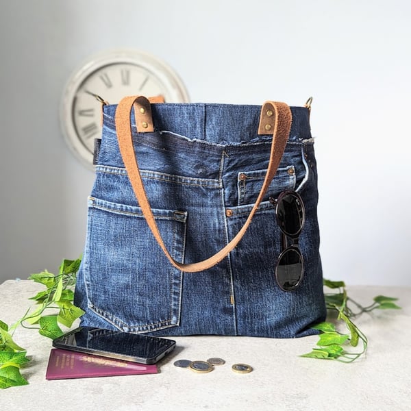 Denim Tote Bag - Jeans Handbag or Cross Body Bag with Leather Straps (p&p incl)