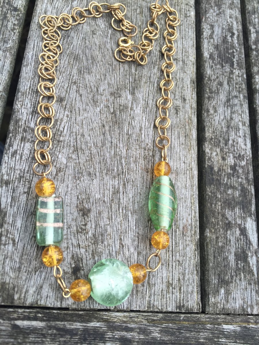 Gold and green glass chainmaille necklace