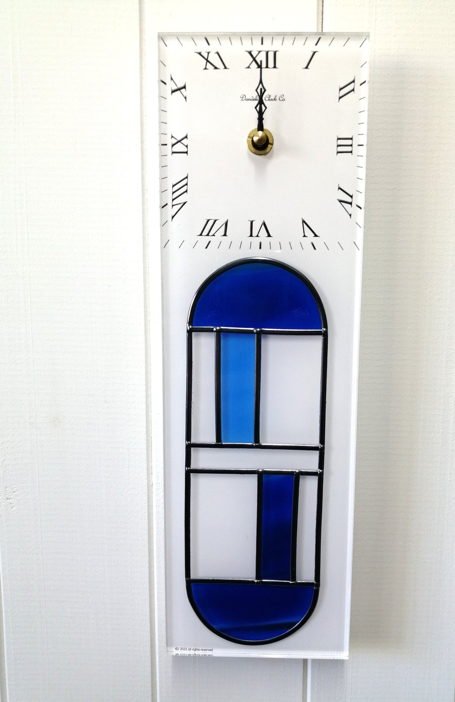 Shades of Blues Art Deco Stained Glass Effect Wall Clock 10cmx32cm ready to hang