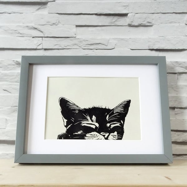 Sleeping Black & White Cat Lino Print 