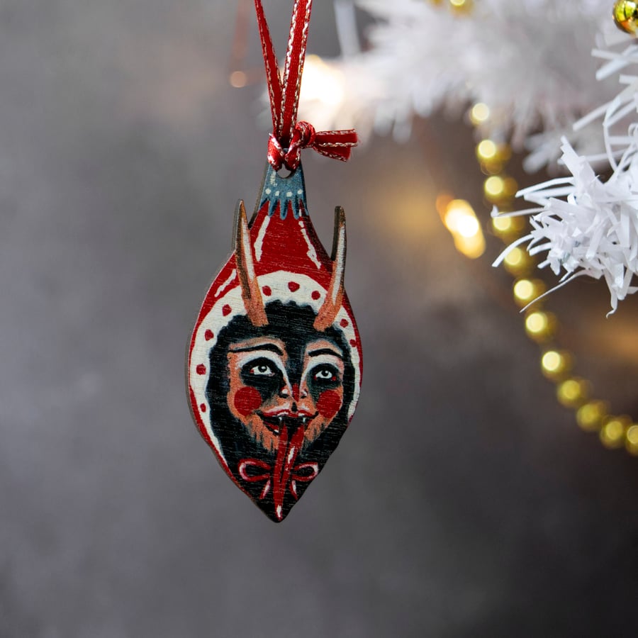 Mini wooden Krampus bauble Christmas tree decoration, double sided