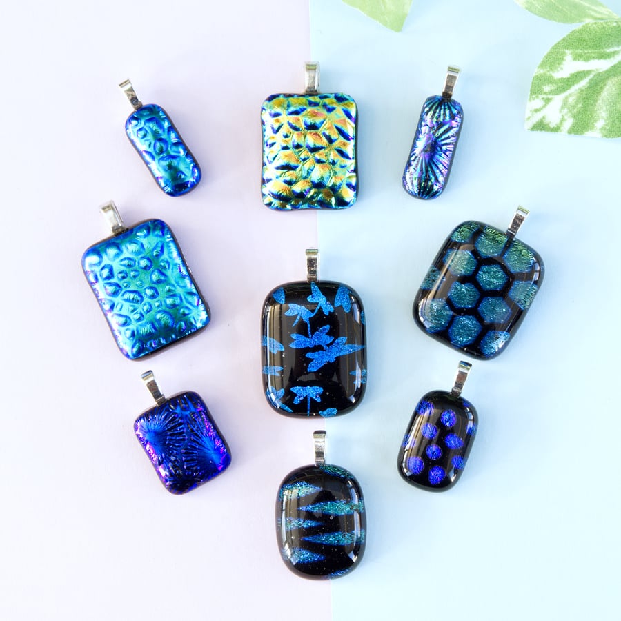 Bright Blue Sparkly Dichroic Fused Glass Pendants Mother's Day Gift