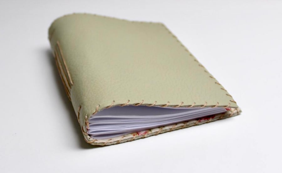 A6 Pale Green Handmade Leather notebook Floral Fabric Lining Plain Paper
