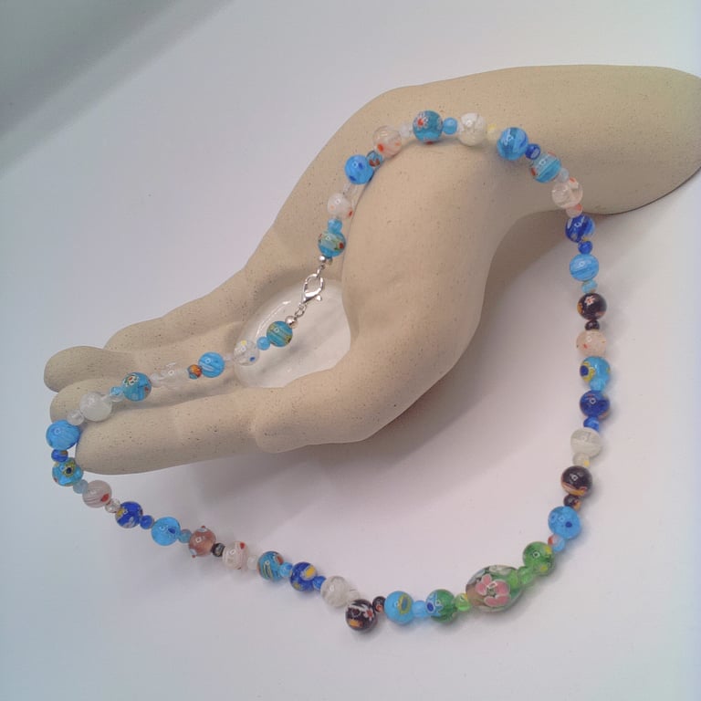 Blue Green and White Millefiori Bead Necklace, Millefiori Necklace, Gift for Her