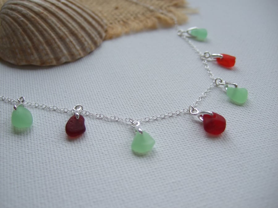 UV ultra violet green and red Seaham sea glass necklace, sea glass pendants