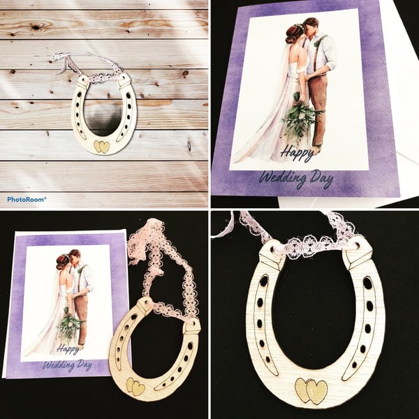 Happy Wedding Day Card and wood Horse Shoe