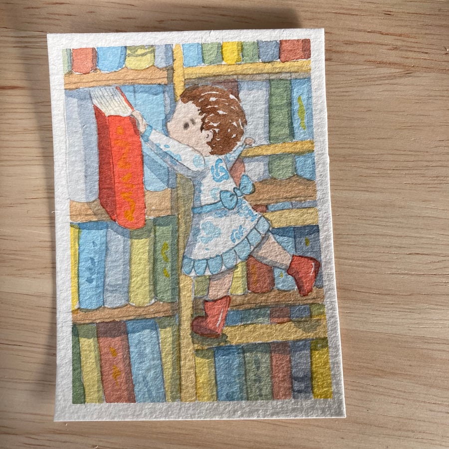My Favourite Book, miniature watercolour painting, paper, trading card