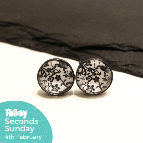 Oxidised Sterling Silver Black and White Floral Stud Earrings Seconds Sunday