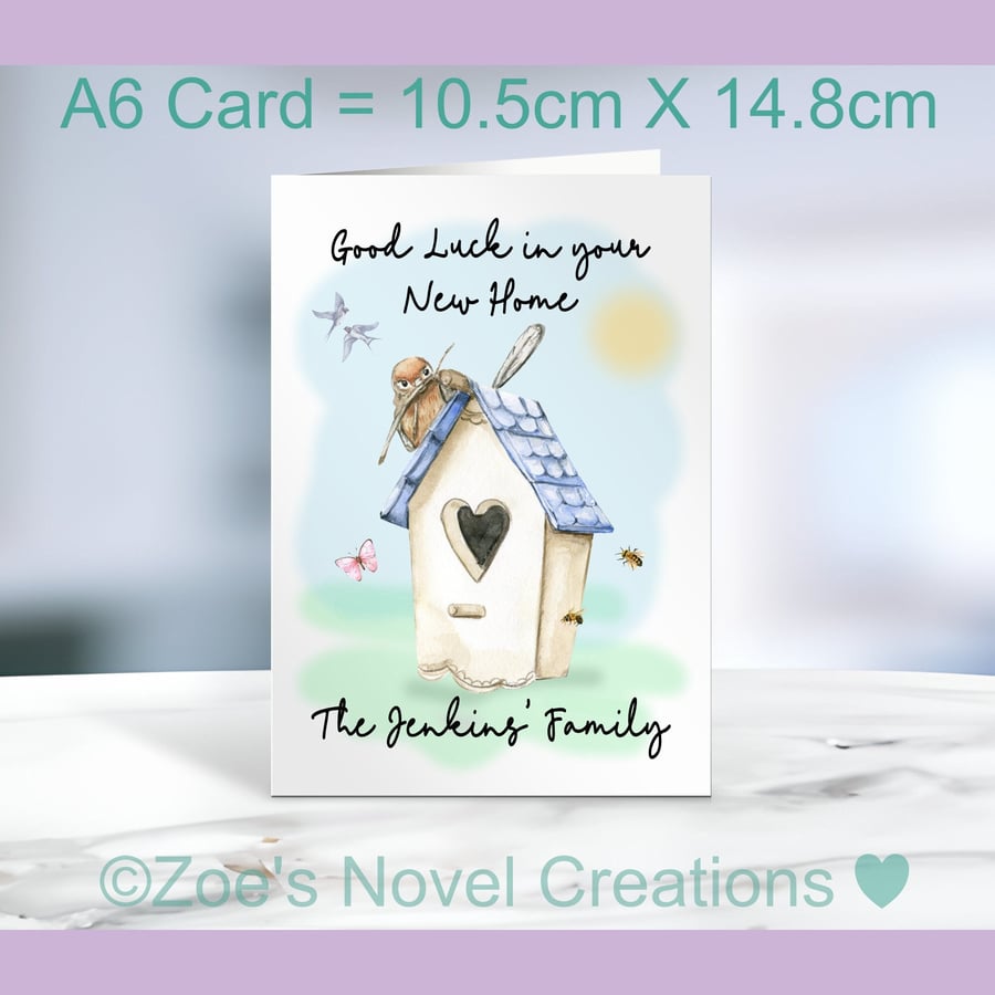 New Home 3 Greetings Card, portrait card, personalised A6 10.5cm x 14.8cm