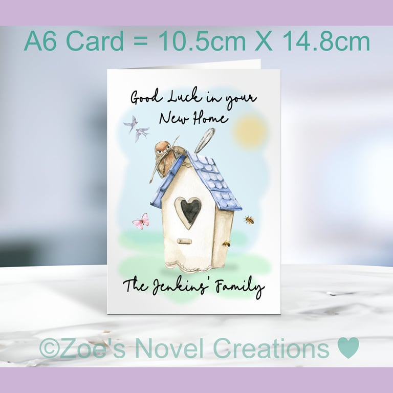 New Home 3 Greetings Card, portrait card, personalised A6 10.5cm x 14.8cm