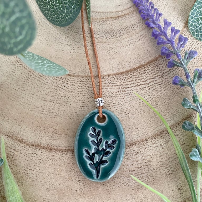 Handmade Ceramic Green Sprig Pendant Necklace 