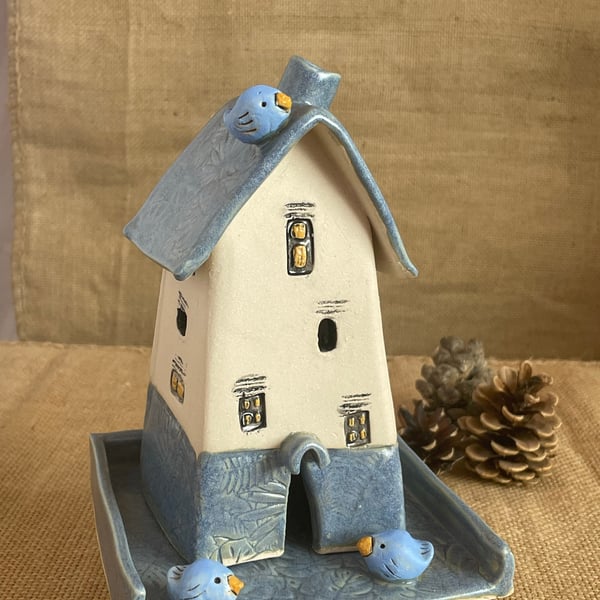 Handmade ceramic tea light house, pottery house, blue house, blue birds, 