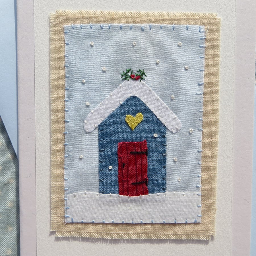 Little Shed in Snow, hand-stitched textile hand-dyed fabrics and fine embroidery
