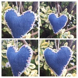 Heart hanger made with upcycled denim and pearl mixed beads.